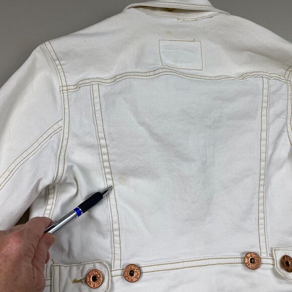 Vtg Levi’s Cropped Jean Jacket Womens Medium Beige Stretch Denim Trucker Y2K - Picture 7 of 16